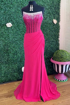 Sparkly Fuchsia Strapless Corset Long Mermaid Prom Dress with Slit