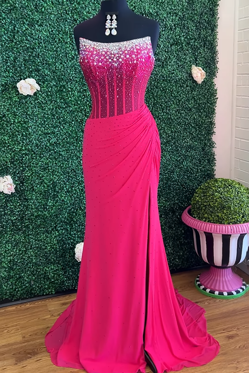 Load image into Gallery viewer, Sparkly Fuchsia Strapless Corset Long Mermaid Prom Dress with Slit
