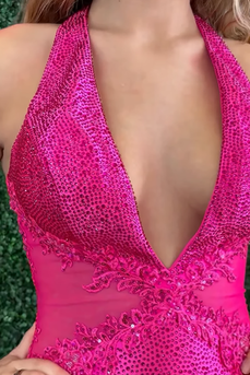 Sparkly Fuchsia Halter Neck Mermaid Long Prom Dress with Beadings
