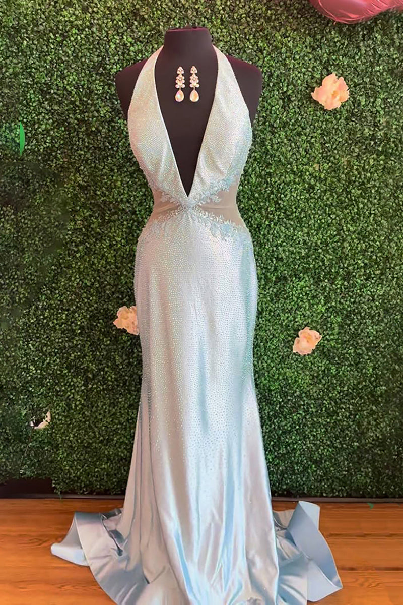 Load image into Gallery viewer, Sparkly Fuchsia Halter Neck Mermaid Long Prom Dress with Beadings