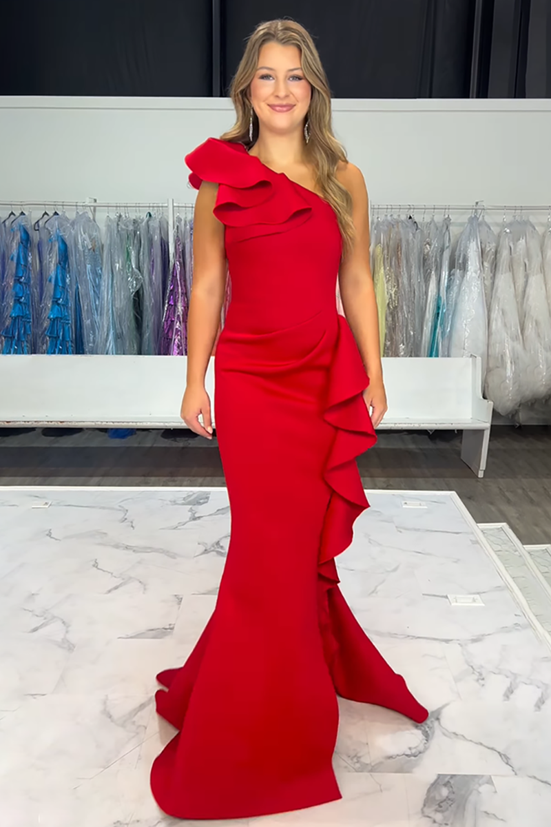Load image into Gallery viewer, Red One Shoulder Long Mermaid Prom Dress with Ruffles