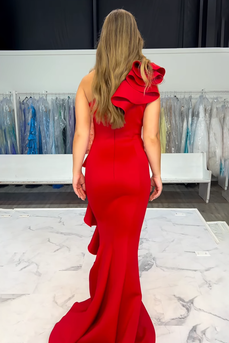 Red One Shoulder Long Mermaid Prom Dress with Ruffles