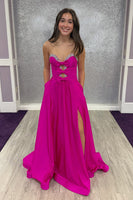 Load image into Gallery viewer, Sparkly Fuchsia Keyhole Beaded A Line Long Prom Dress with Slit