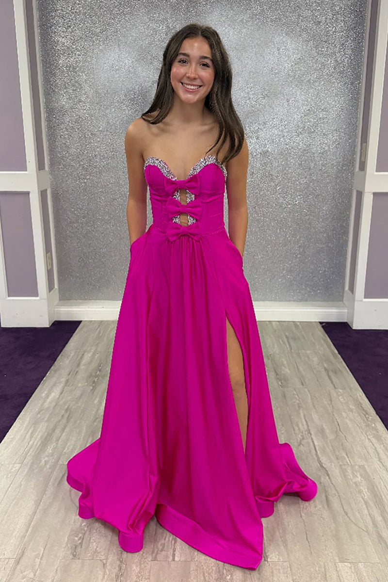 Load image into Gallery viewer, Sparkly Fuchsia Keyhole Beaded A Line Long Prom Dress with Slit