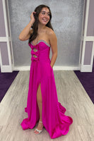 Load image into Gallery viewer, Sparkly Fuchsia Keyhole Beaded A Line Long Prom Dress with Slit