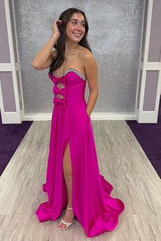 Sparkly Fuchsia Keyhole Beaded A Line Long Prom Dress with Slit