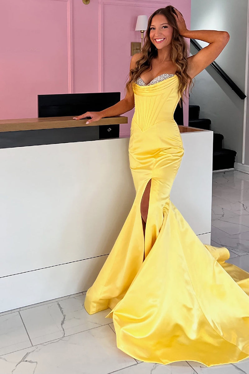 Load image into Gallery viewer, Sparkly Yellow Mermaid Beaded Long Corset Prom Dress with Slit