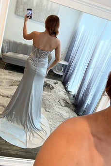 Sparkly Silver Mermaid Strapless Long Corset Prom Dress with Slit