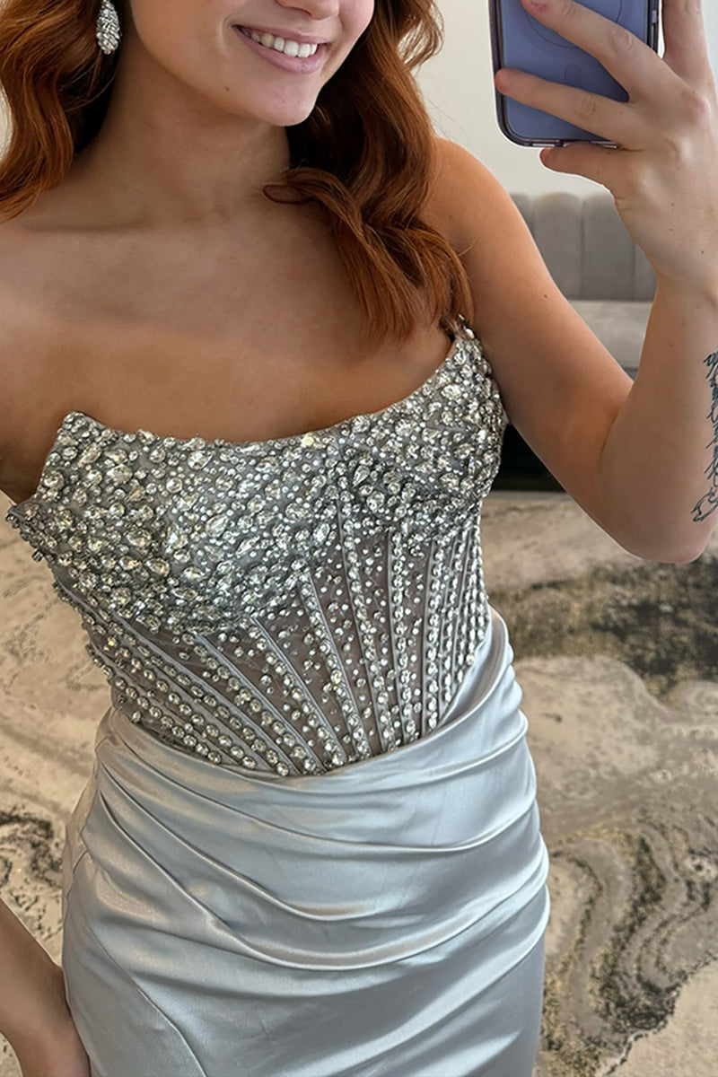 Load image into Gallery viewer, Sparkly Silver Mermaid Strapless Long Corset Prom Dress with Slit