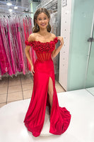 Load image into Gallery viewer, Off the Shoulder Red Floral Mermaid Satin Long Corset Prom Dress with Slit