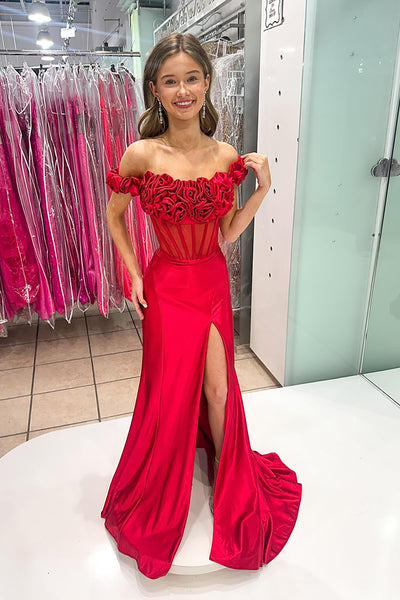 Off the Shoulder Red Floral Mermaid Satin Long Corset Prom Dress with Slit
