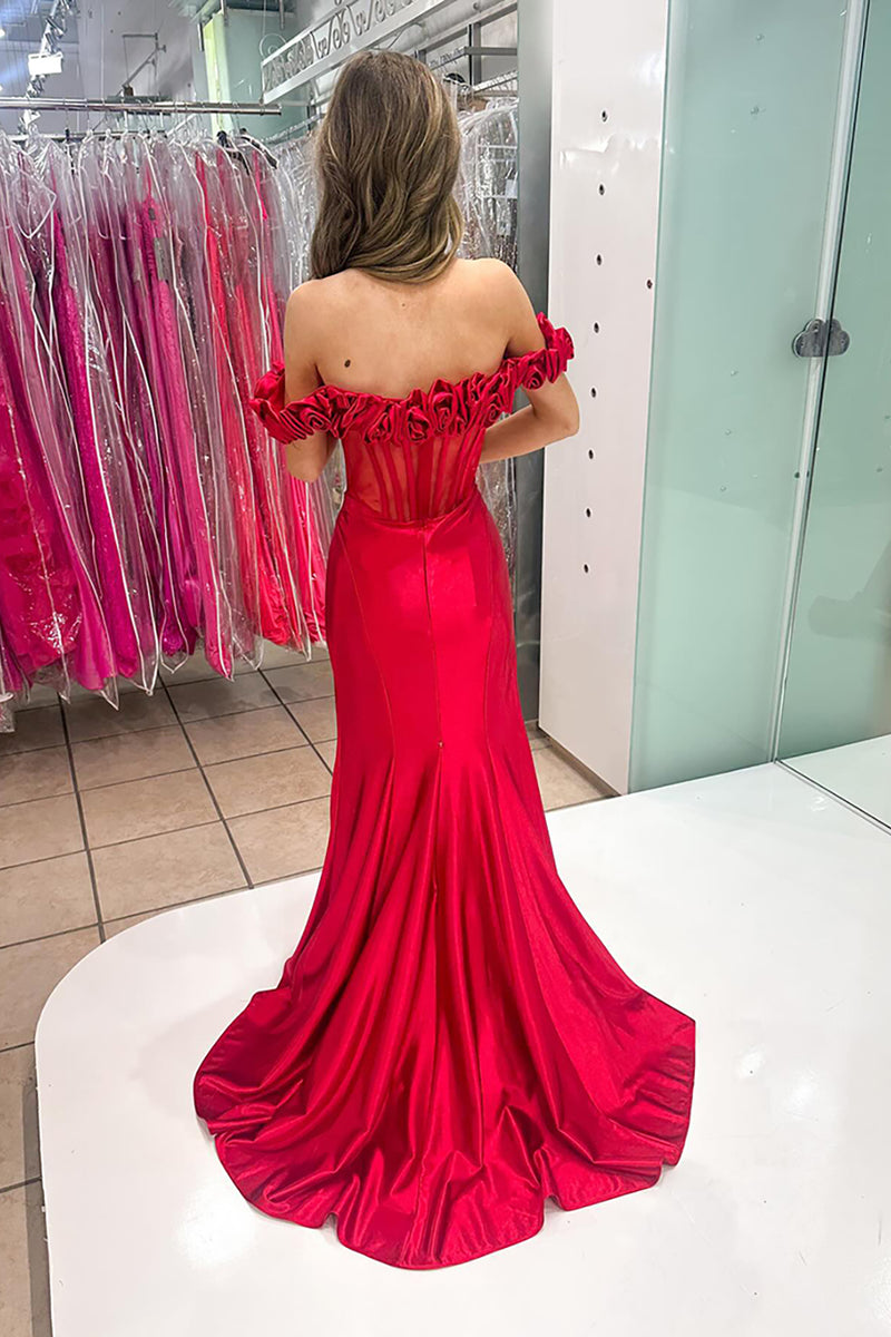 Load image into Gallery viewer, Off the Shoulder Red Floral Mermaid Satin Long Corset Prom Dress with Slit