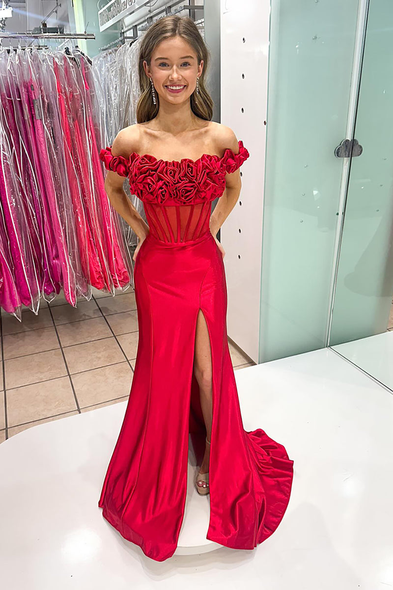 Load image into Gallery viewer, Off the Shoulder Red Floral Mermaid Satin Long Corset Prom Dress with Slit