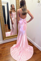 Load image into Gallery viewer, Sparkly Pink Spaghetti Straps Mermaid Long Prom Dress with Bow