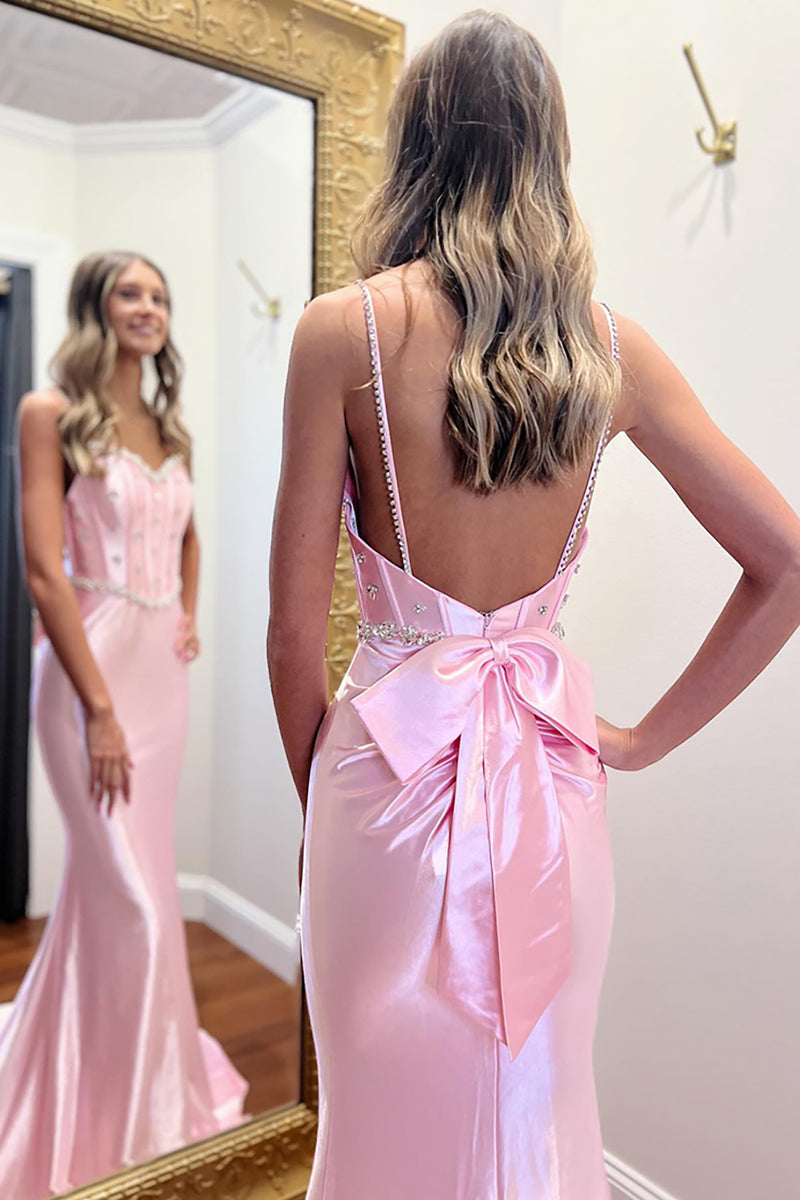 Load image into Gallery viewer, Sparkly Pink Spaghetti Straps Mermaid Long Prom Dress with Bow