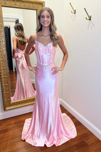 Sparkly Pink Spaghetti Straps Mermaid Long Prom Dress with Bow