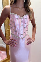 Load image into Gallery viewer, Sparkly Pink Spaghetti Straps Mermaid Long Prom Dress with Bow