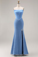 Load image into Gallery viewer, Sparkly Blue Strapless Mermaid Long Corset Prom Dress with Slit