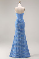 Load image into Gallery viewer, Sparkly Blue Strapless Mermaid Long Corset Prom Dress with Slit