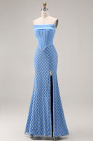 Load image into Gallery viewer, Sparkly Blue Strapless Mermaid Long Corset Prom Dress with Slit