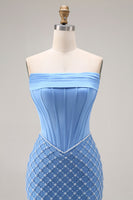 Load image into Gallery viewer, Sparkly Blue Strapless Mermaid Long Corset Prom Dress with Slit