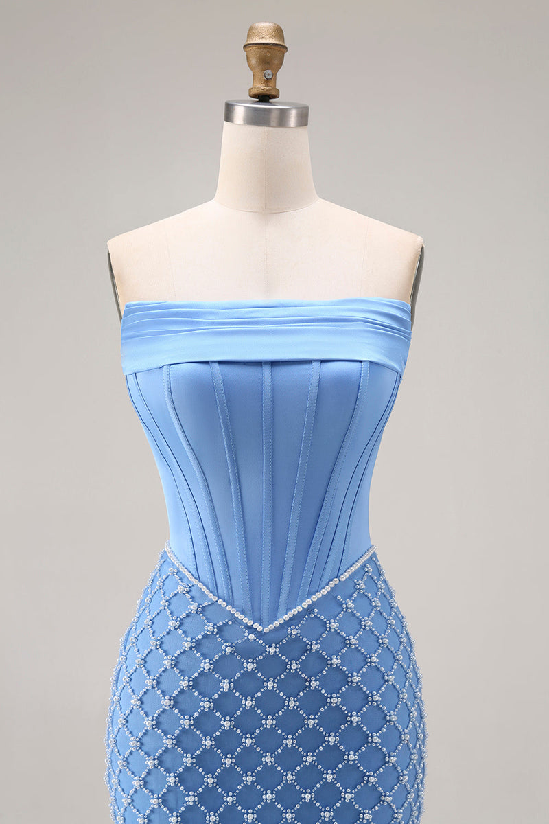 Load image into Gallery viewer, Sparkly Blue Strapless Mermaid Long Corset Prom Dress with Slit