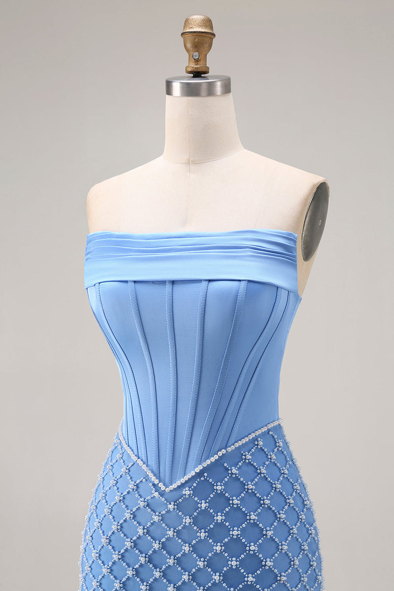 Load image into Gallery viewer, Sparkly Blue Strapless Mermaid Long Corset Prom Dress with Slit