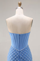 Load image into Gallery viewer, Sparkly Blue Strapless Mermaid Long Corset Prom Dress with Slit
