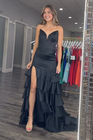 Load image into Gallery viewer, Black Sheath Strapless Ruffled Long Prom Dress with Slit