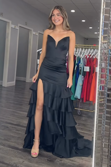 Black Sheath Strapless Ruffled Long Prom Dress with Slit