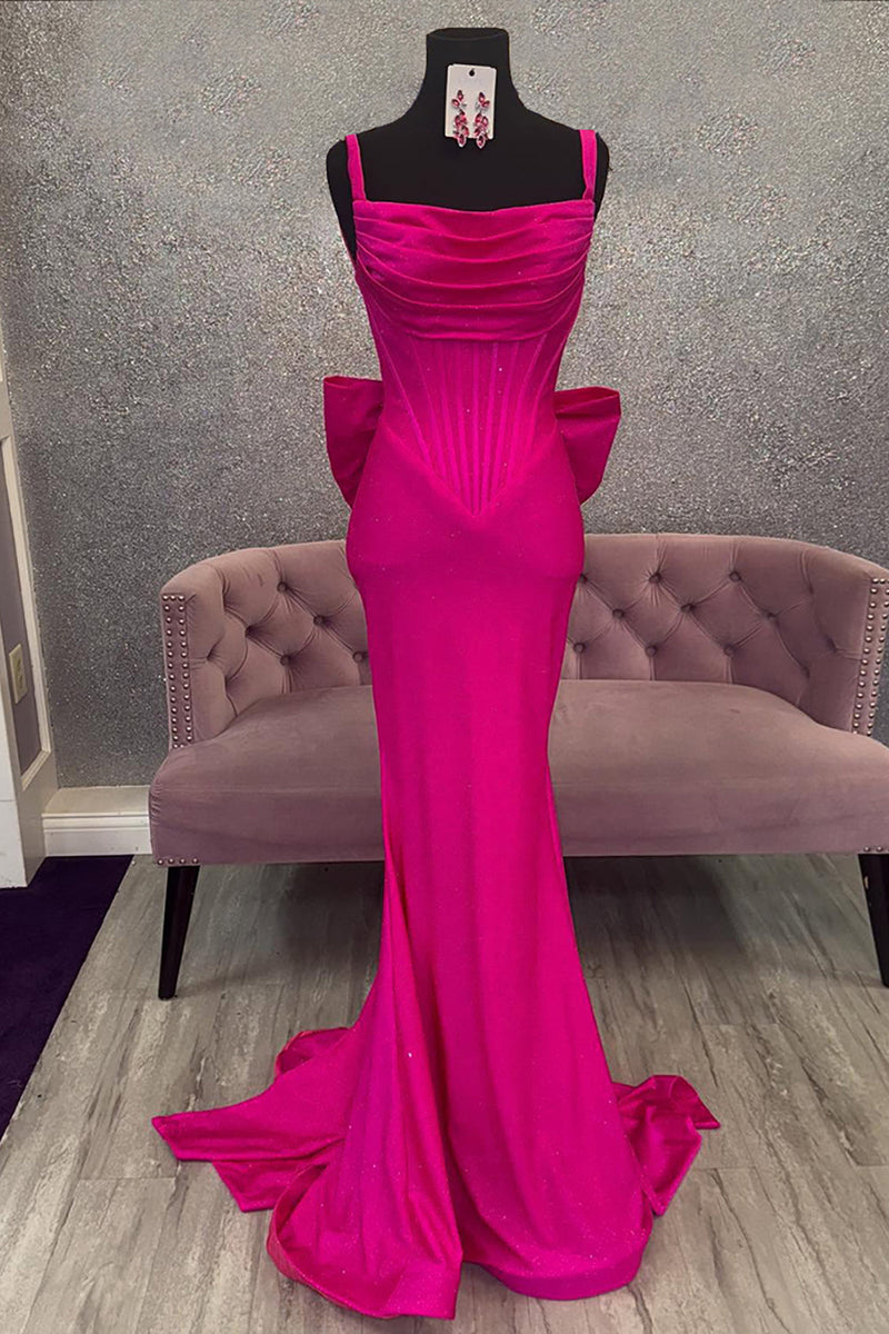 Load image into Gallery viewer, Sparkly Fuchsia Beaded Mermaid Corset Long Prom Dress with Bow