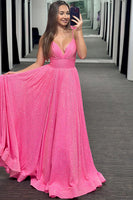 Load image into Gallery viewer, Sparkly Pink Spaghetti Straps Long Prom Dress with Beadings