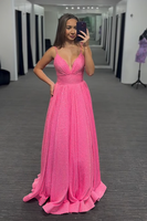 Load image into Gallery viewer, Sparkly Pink Spaghetti Straps Long Prom Dress with Beadings