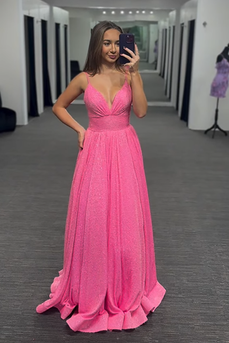 Sparkly Pink Spaghetti Straps Long Prom Dress with Beadings