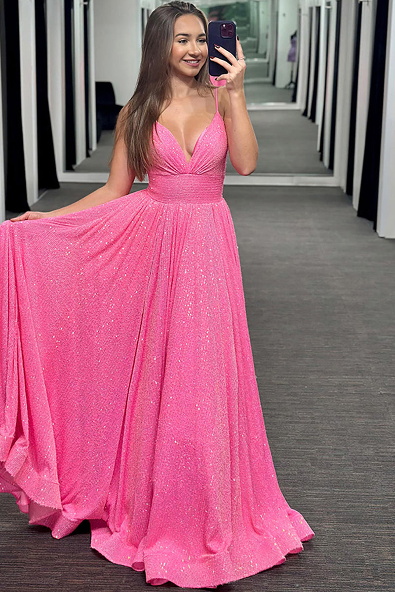 Load image into Gallery viewer, Sparkly Pink Spaghetti Straps Long Prom Dress with Beadings