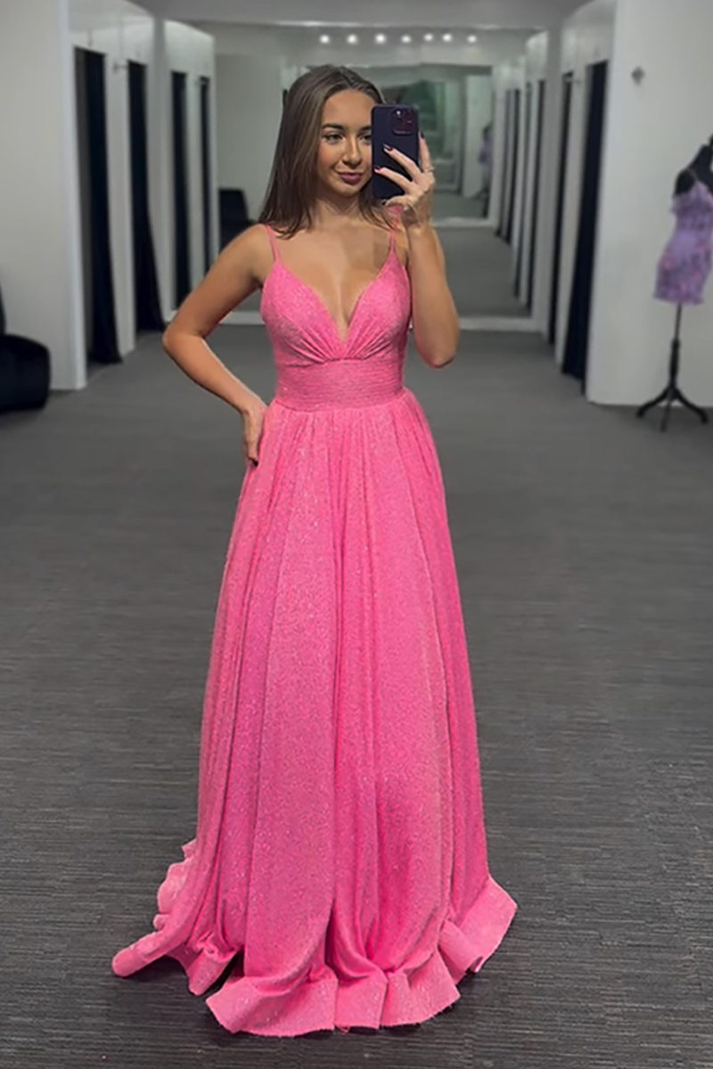 Load image into Gallery viewer, Sparkly Pink Spaghetti Straps Long Prom Dress with Beadings