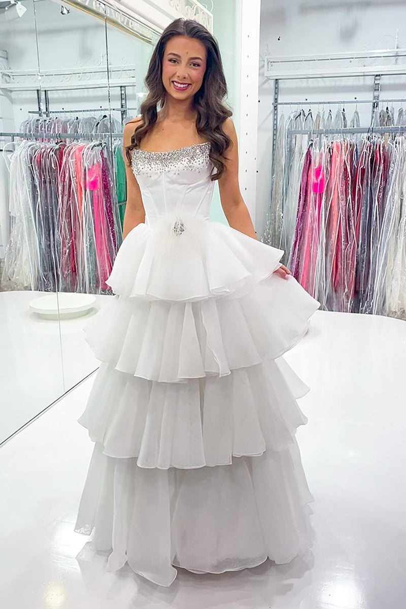 Load image into Gallery viewer, Sparkly White Beaded Tulle Long Corset Prom Dress with Ruffles