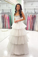 Load image into Gallery viewer, Sparkly White Beaded Tulle Long Corset Prom Dress with Ruffles