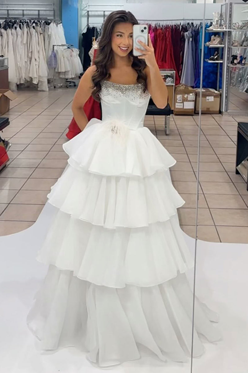 Load image into Gallery viewer, Sparkly White Beaded Tulle Long Corset Prom Dress with Ruffles