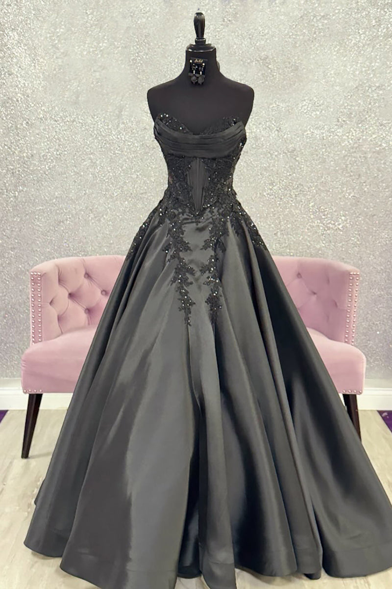 Load image into Gallery viewer, Sparkly Black Sweetheart Long Corset Prom Dress with Appliques