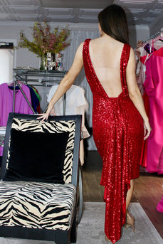 Sparkly Red V Neck Bodycon Sequin Knee-Length Prom Dress with Sash