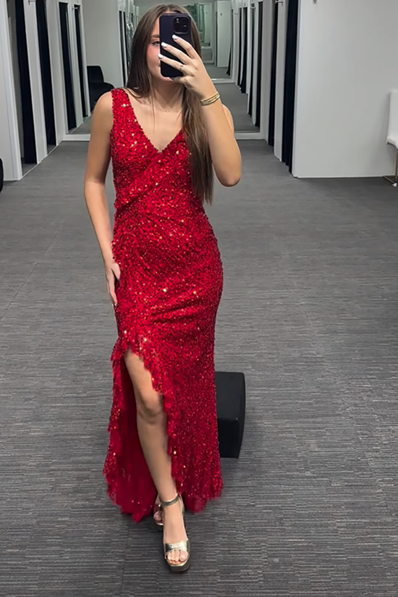 Load image into Gallery viewer, Sparkly Red Thick Straps Mermaid Long Sequin Prom Dress with Slit