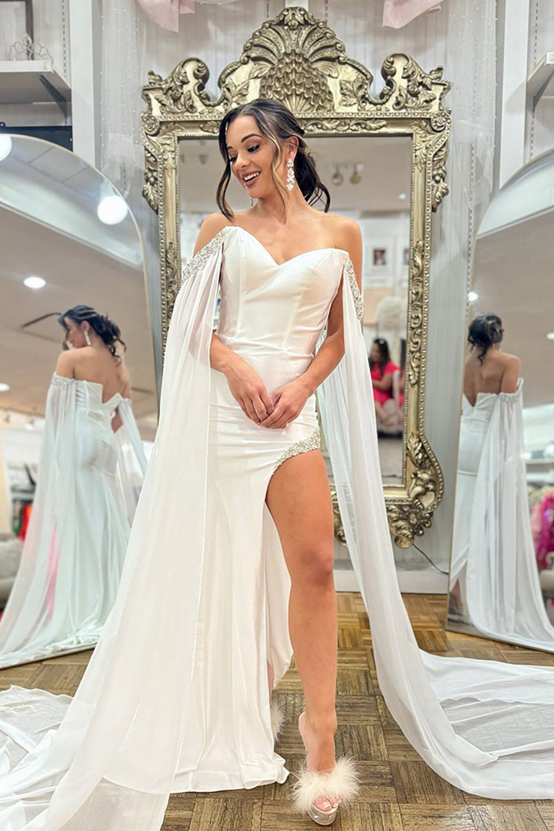 Load image into Gallery viewer, Sparkly White Mermaid Off the Shoulder Long Prom Dress with Cape