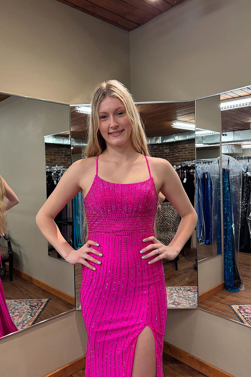 Load image into Gallery viewer, Sparkly Fuchsia Long Beaded Mermaid Prom Dress with Slit