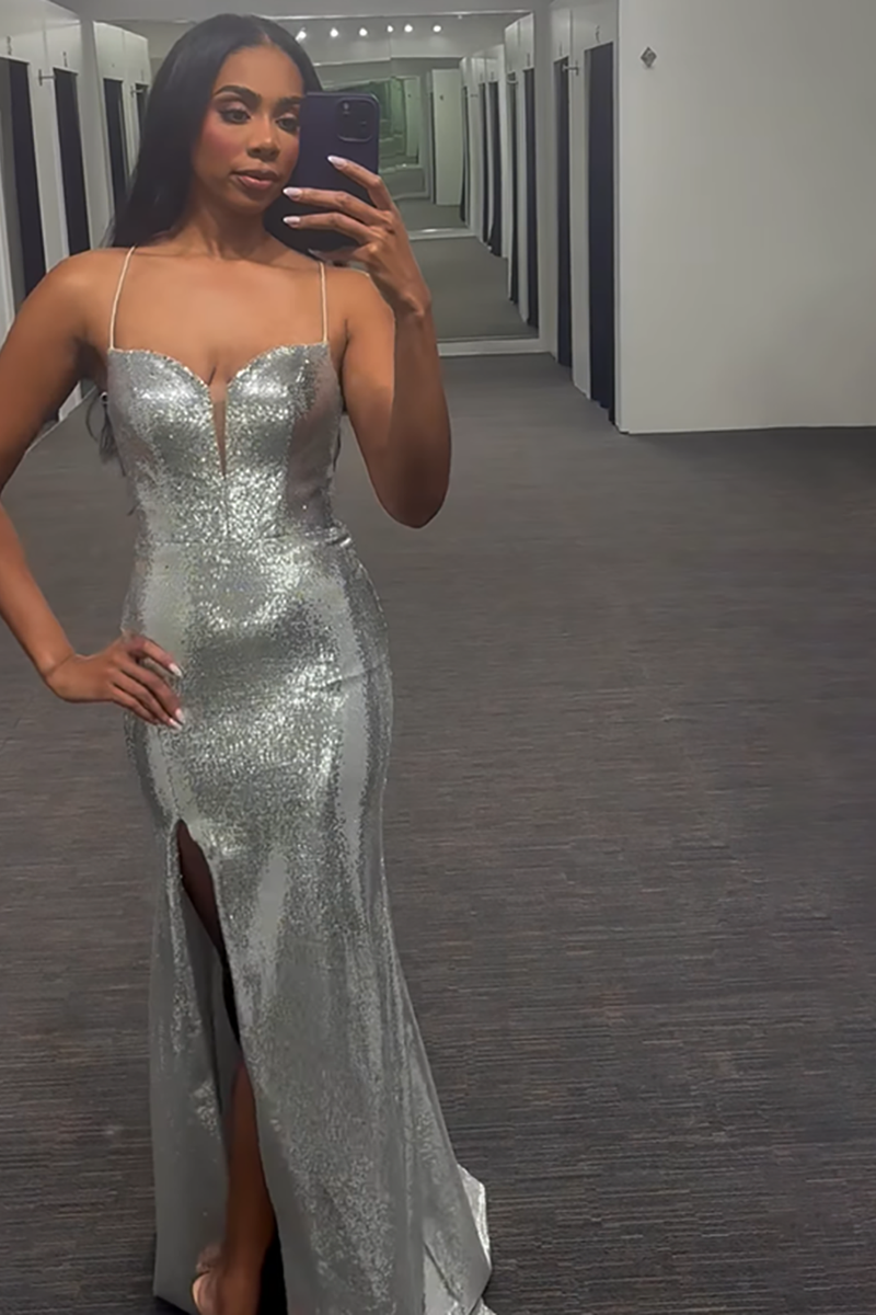 Load image into Gallery viewer, Sparkly Silver Spaghetti Straps Long Sequin Mermaid Prom Dress with Slit