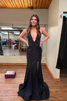Load image into Gallery viewer, Sparkly Black Halter Neck Mermaid Beaded Long Prom Dress with Slit