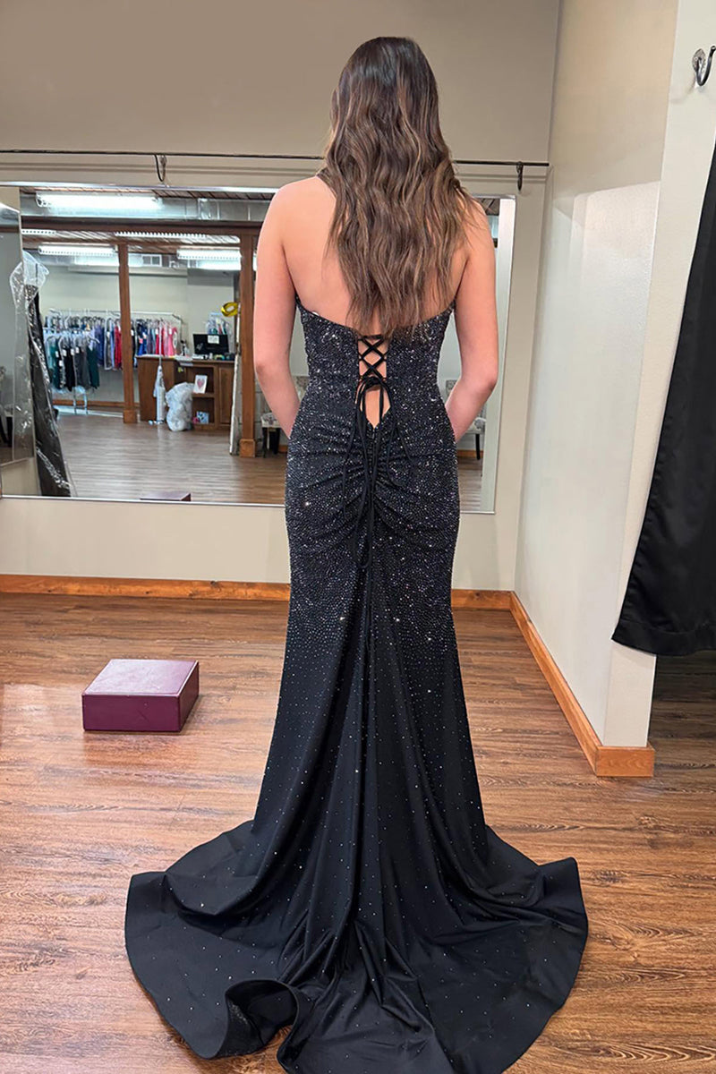 Load image into Gallery viewer, Sparkly Black Halter Neck Mermaid Beaded Long Prom Dress with Slit