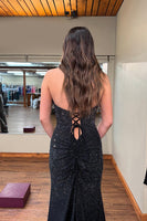 Load image into Gallery viewer, Sparkly Black Halter Neck Mermaid Beaded Long Prom Dress with Slit