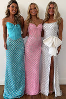 Load image into Gallery viewer, Sparkly White Pearls Sheath Beaded Long Prom Dress with Bow