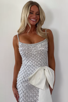 Load image into Gallery viewer, Sparkly White Pearls Sheath Beaded Long Prom Dress with Bow